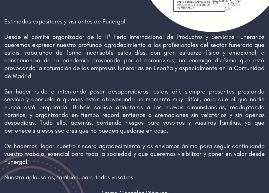 Comunicado del comité organizador de Funergal a los profesionales del sector funerario con motivo de la pandemia provocada por el COVID-19